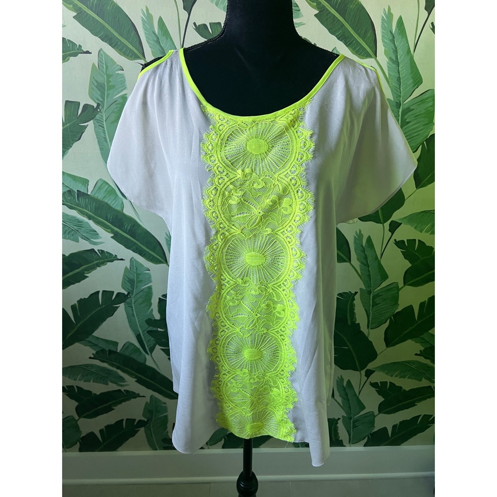 Express Lace Trim Blouse Womens L Beige Neon Yellow